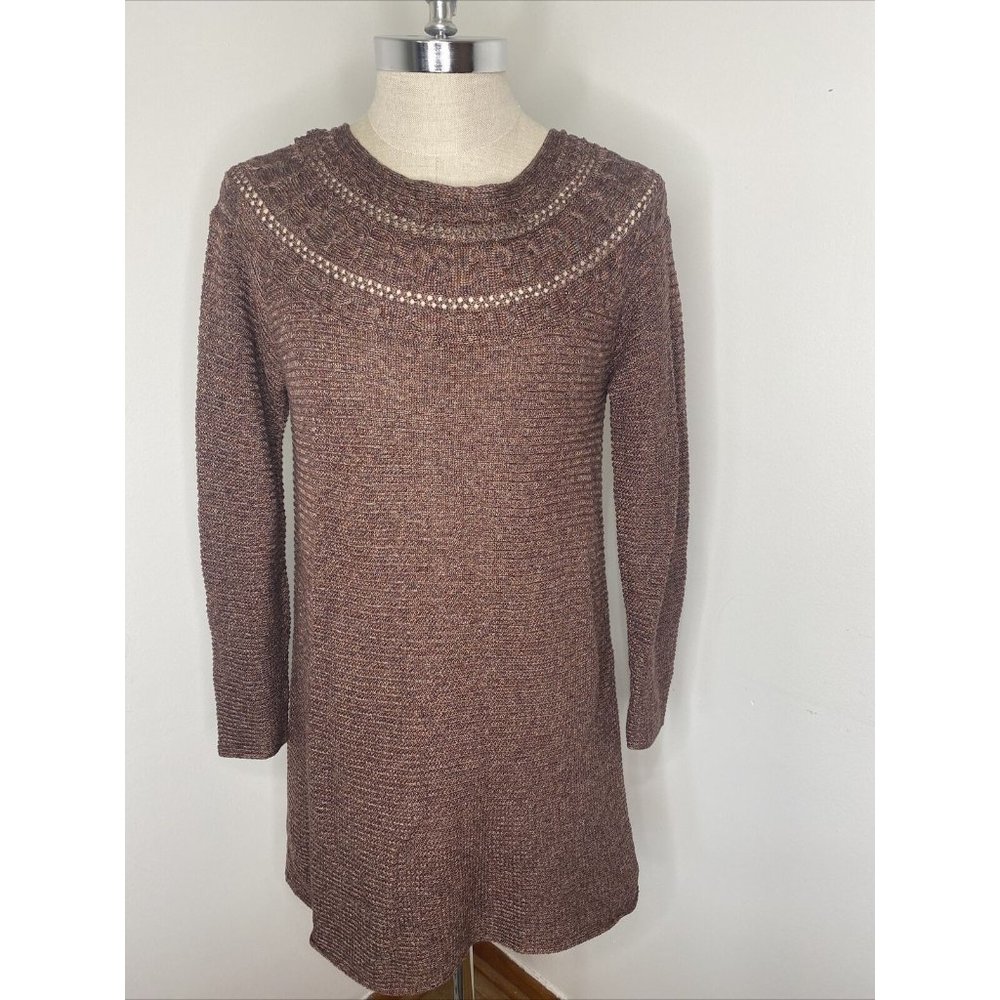 Peruvian Connection Sweater Dress Size L heather Maroon Knit Crochet Long Sleeve